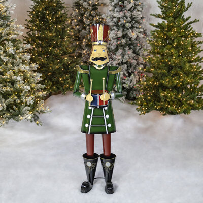 Zaer Ltd International 59" Tall Iron Christmas Green Nutcracker Holding Drum "Leo"