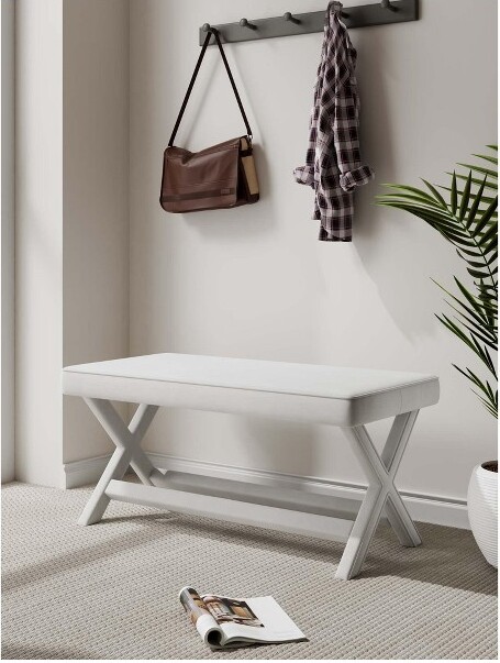 PAGEDWoodFrameOttoman,LuxuriousVelvetEntrywayBenchwithX-CrossedLegs,MinimalistEndOfBedBenchforEntryway,LivingRoom,Cream