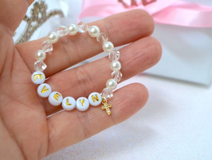 Etsy Cross Crystal & Pearl Baby Bracelet, Rhinestone Girls Personalized Shower Gift, Jewelry, Newborn Toddler Baptism