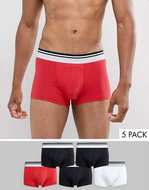ASOS Design DESIGN 5 pack hipsters in red white & black with striped waistband in organic cotton save