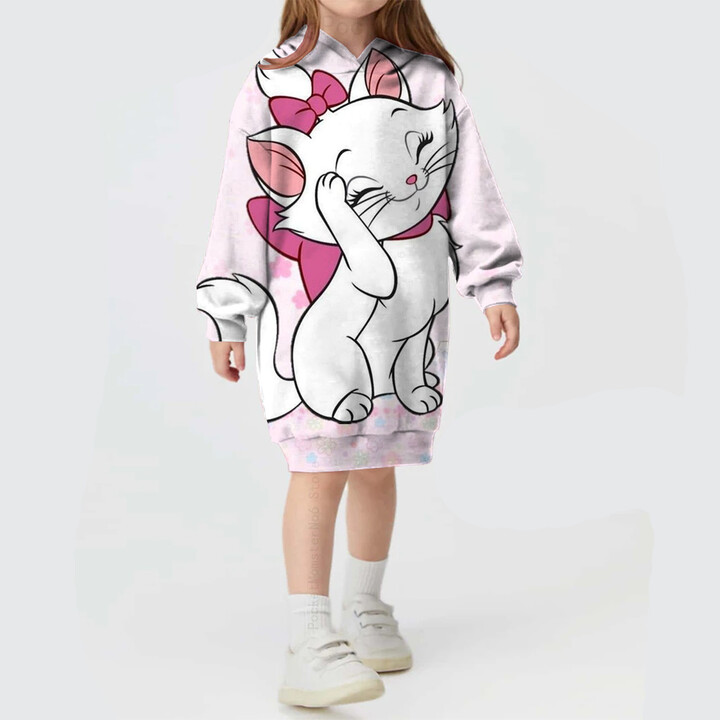 MINISO Baby Girl Disney Mary Cat Hoodie Dress Spring and Autumn Cartoon Casual Girls Sweater Dress Disney Fashion Hooded Top 1-6 Yea