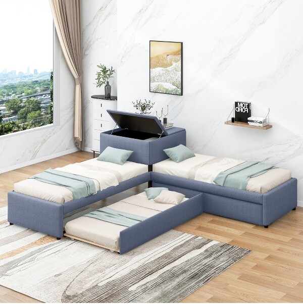 YOOCOZZL-ShapedUpholsteredBedwithTrundleDrawersandIntegratedDesk-Gray