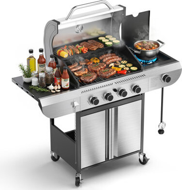 R.W.FLAME 4-Burner Stainless Steel Propane Grill - 42,000 Btu, Side Burner & Temp Display, 561 Sq.in Grill, Silver