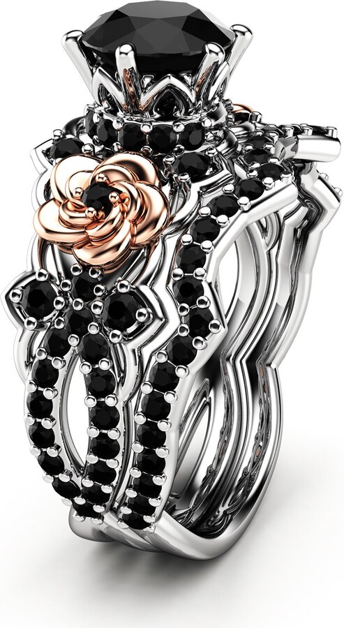 Etsy Black Diamond Engagement Ring Set Floral 14K White & Rose Gold