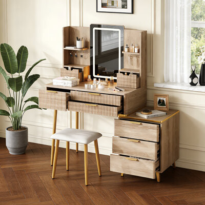 Latitude Run Vanity Desk with with 7-Drawer and PU Stool