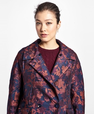 Brooks Brothers Floral Jacquard Coat with Removable Fox Fur Collar