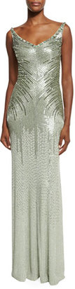 Jenny Packham Linear-Sequin Sleeveless Gown, Azure
