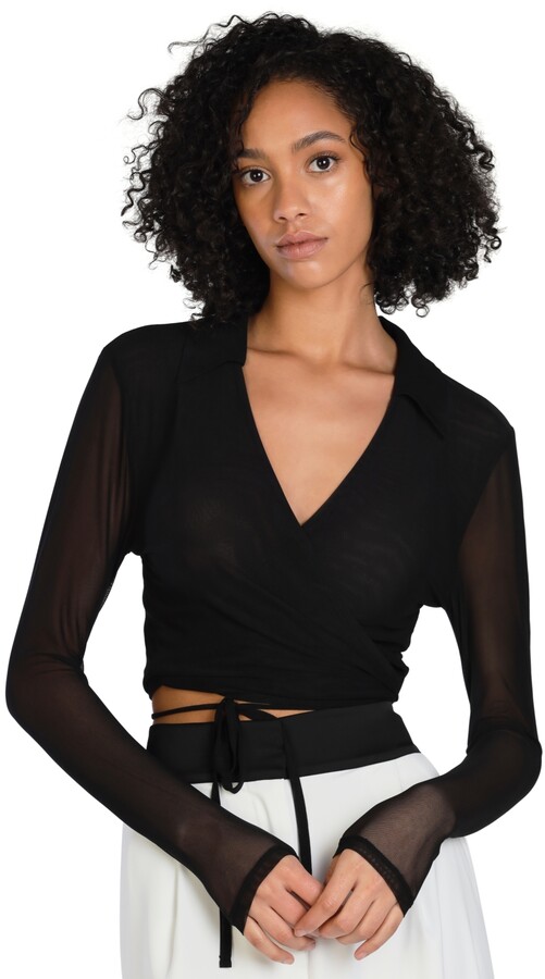 Bar III Womens Ruched Long Sleeves Wrap Top Black L