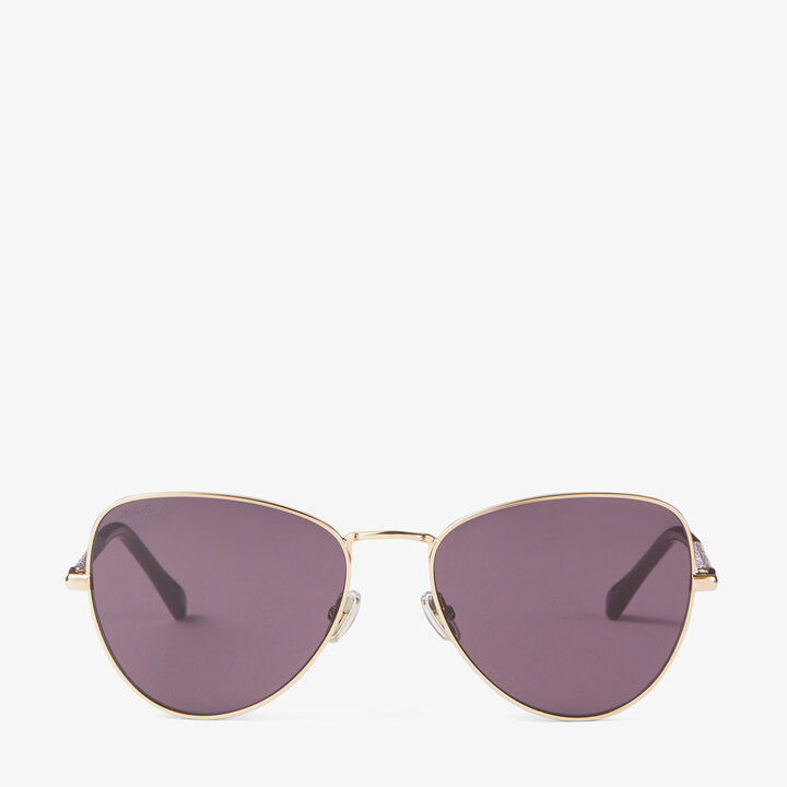 Jimmy Choo Rose Gold Aviator Sunglasses With Purple Glitter Temples