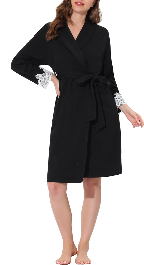 Unique Bargains Women’s Pajamas Robe Sleepwear Lace Nightgown Tie Waist Lounge Bathrobe XS Black