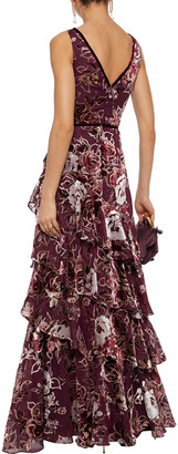 Marchesa Notte Tiered floral-print devoré-velvet gown