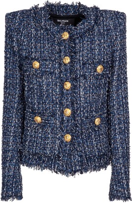 Cotton blend tweed denim 4 pocket blazer
