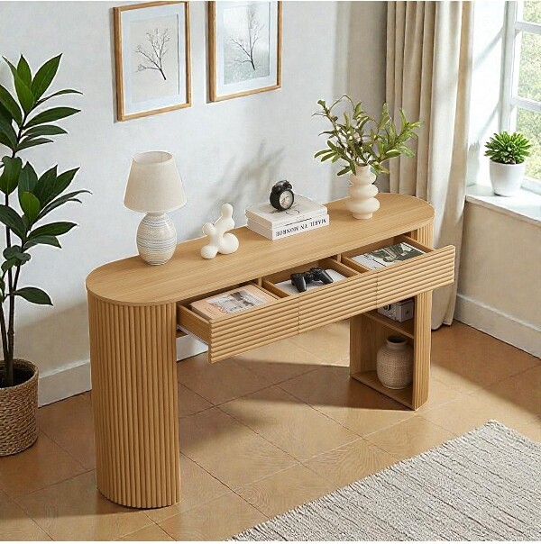 MshliwRetroConsoleTablewithStorage3-DrawerEntrywayTablewithRoundSlatDesignandDisplayNicheforLivingRoomandHallway