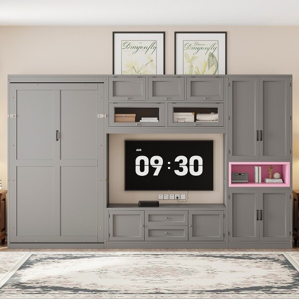 TIRAMISUBESTTwinSizeMurphyBedWallBedwithTVStand2DrawersandStorageShelvesFoldableSpaceSavingMurphyCabinetBedw/StorageCabinets