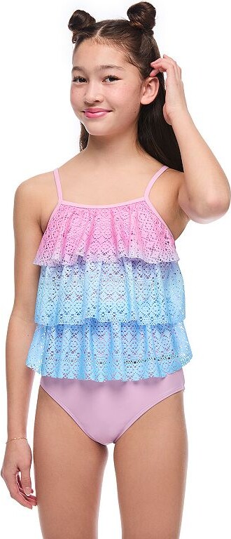 Breaking Waves Girls 4-16 Triple Tier Crochet Tankini Swim Top & Scoop Swim Bottoms Set in Regular & Plus