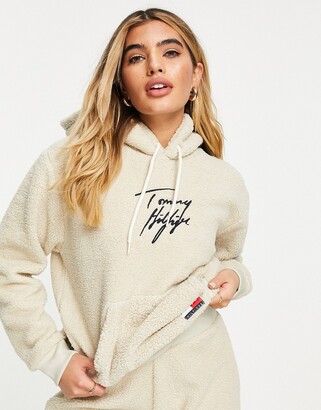 Tommy Hilfiger 85 teddy fluffy logo hoodie in cream - ShopStyle