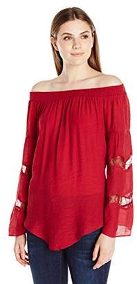 NY Collection Women's Solid Long Bell Raglan Smocked Scoop Neck Top with Lace Panels On Sleeve