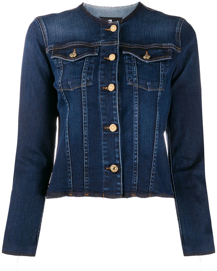 collarless blue jean jacket
