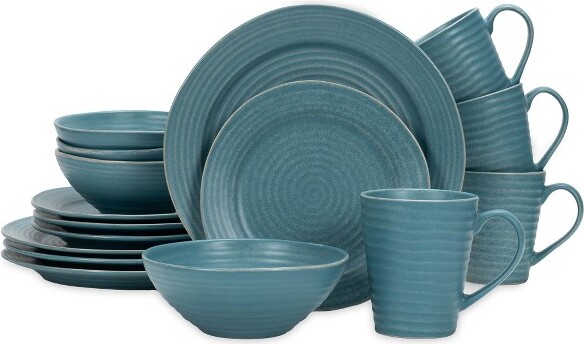 Elanze Designs ElanzeDesignsChicRibbedModernThrownPotteryLookCeramicStonewarePlateMug&BowlKitchenDinnerware16PieceSet-Servicefor4,Turquoise