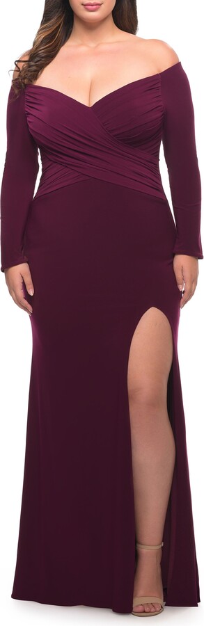 La Femme Long Sleeve Off the Shoulder Plus Size Gown