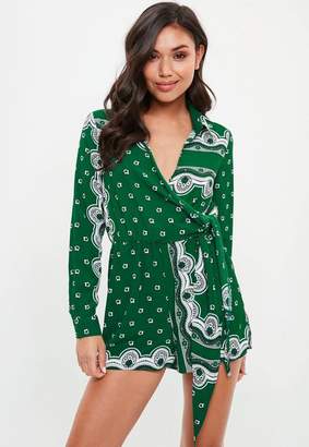 Missguided Green Printed Wrap Shirt Playsuit, Green