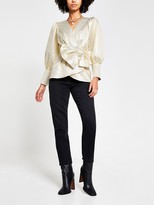 Thumbnail for your product : River Island Puff Sleeve Bow Front V-neck Blouse - Gold