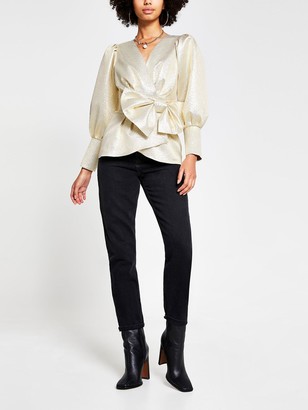 River Island Puff Sleeve Bow Front V-neck Blouse - Gold