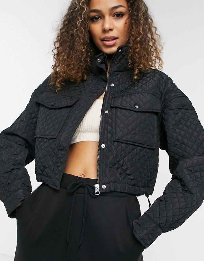 Bershka quilted cropped jacket in black - ShopStyle