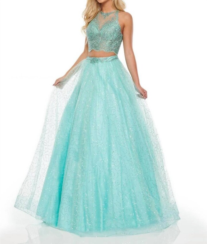 RACHEL ALLAN Embroidered Two-Piece Sequin Tulle Prom Gown In Aqua Green