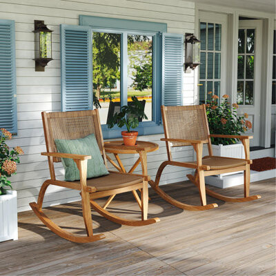 Mr Hua 2 Pieces Patio Rocking Chair Set Acacia Wood Outdoor Rockers With Wicker Rattan Seat & Backrest Comfortable Garden Porch Chairs For Backyard Balcon