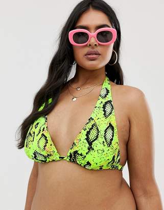ASOS Curve DESIGN curve mix and match halter triangle bikini top in neon snake