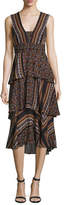 Thumbnail for your product : A.L.C. Hayley Sleeveless Tiered Multipattern Midi Dress, Brown/Multicolor