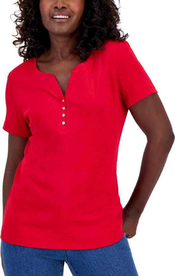 Karen Scott Short Sleeve Henley Top, Created for Macy's - ShopStyle