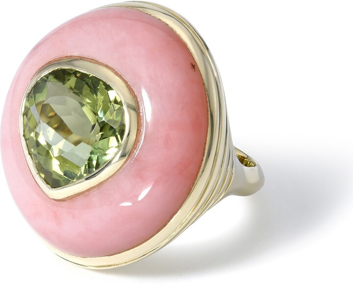 Retrouvaí Green Tourmaline Pear in Pink Opal Classic Lollipop Yellow Gold Ring