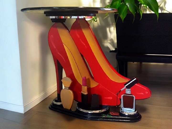 Etsy Unique Custom Abstract 3D Red Shoe Table & Make Up Themed Sculpture Novelty With Mirror Accents By Alisa