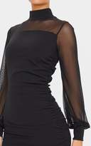 Thumbnail for your product : PrettyLittleThing Black Mesh Bodice Long Sleeve Ruched Bodycon Dress
