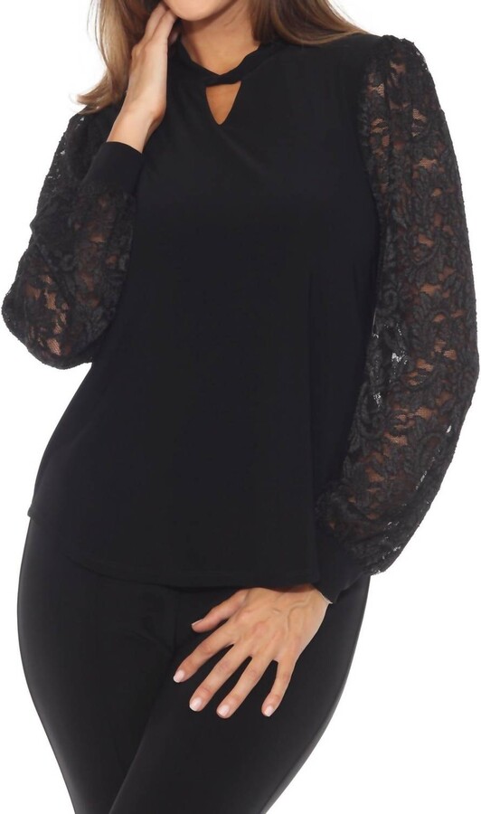 Joseph Ribkoff Keyhole Neck Lace Sleeve Top In Black