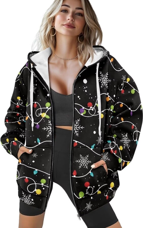 Yuyamidu Christmas Light Womens Full-zip Hoodie Oversized Sweatshirt Cozy Ladies Long Sleeve Jackets Fashion Blouses S-4XL