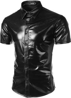 JOGAL Mens Metallic Nightclub Styles Short Sleeves Button Down Dress Shirts Large