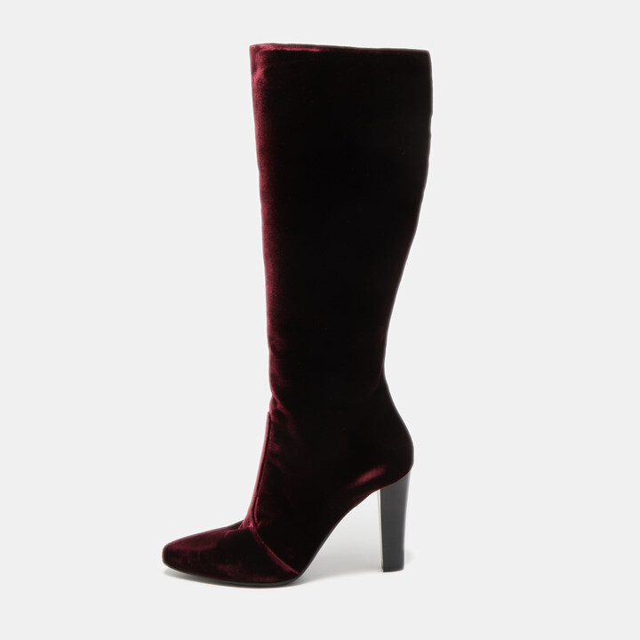 Saint Laurent Burgundy Velvet Knee High Boots Size 39 ShopStyle