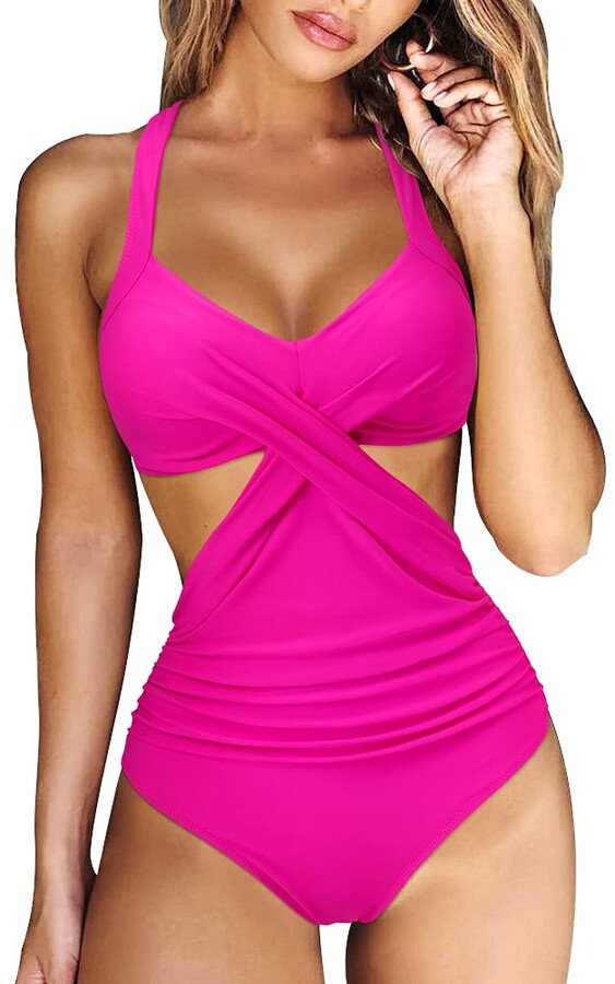 RXRXCOCO Women Front Cross Cutout One Piece Swimsuit Tummy Control High