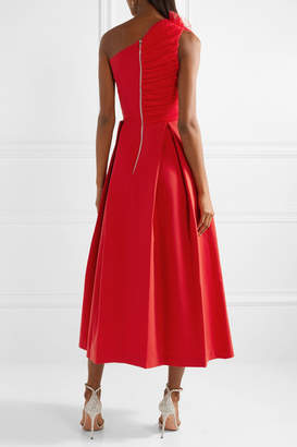 Preen by Thornton Bregazzi One-shoulder Tulle-trimmed Stretch-cady Midi Dress - Red