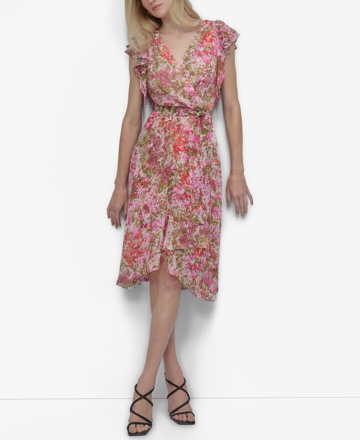 Dkny Women's V-neck Flutter-sleeve Faux-wrap Dress - Ivory/Azalea Multi