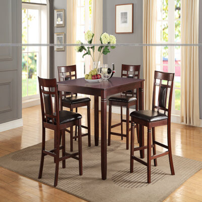 Lark Manor Modern Contemporary 5pc Counter Height Dining Set Cherry / Brown Finish Unique Eyelet Back 4x Chairs