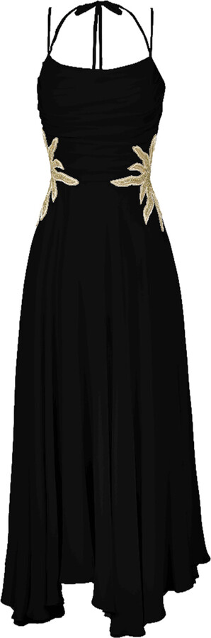 Alina Cernatescu Solstice Black Silk Mini Dress With Drapery And Hand Sewn Embroidery