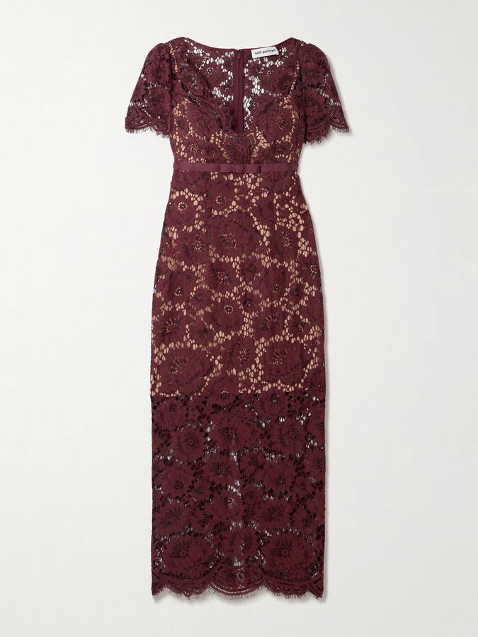 Self-Portrait Bow-detailed Floral Lace Midi Dress - Burgundy