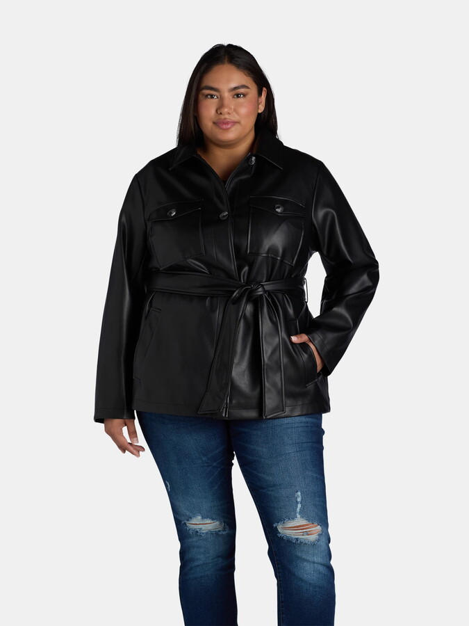 Time and Tru Women’s and Women’s Plus Faux Leather Cropped Belted Trench, Sizes XS-3X