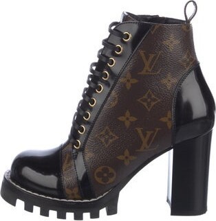 Louis Vuitton Monogram Pattern Leather Trim Embellishment Lace-Up Boots