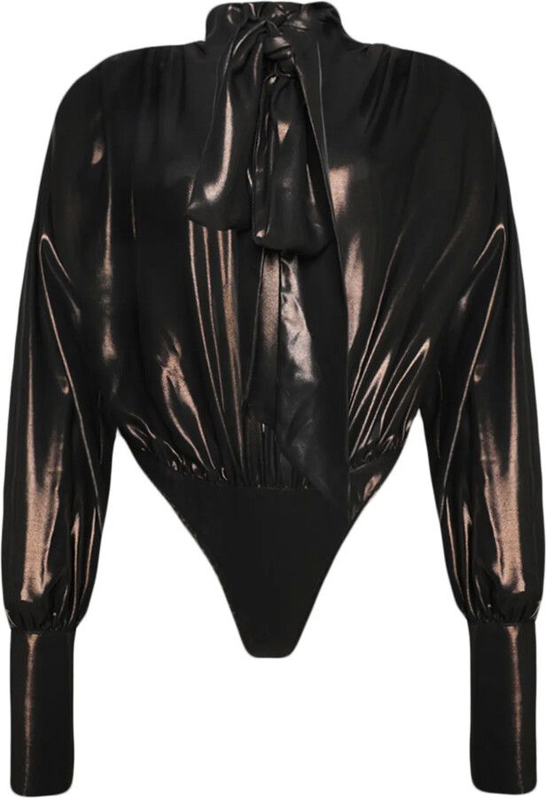 LaQuan Smith Pussy-Bow Drapd Bodysuit