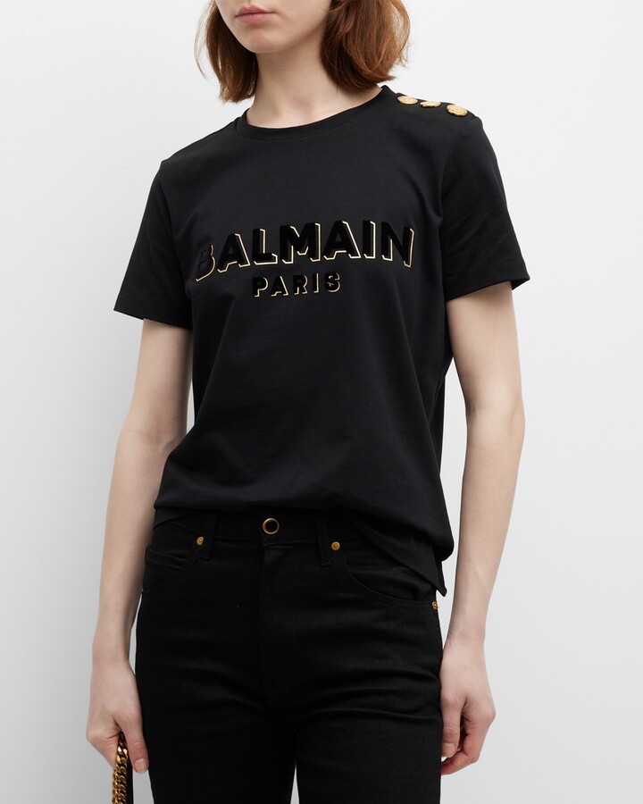 Balmain Metallic Flock Logo T-Shirt with Button Detail - ShopStyle